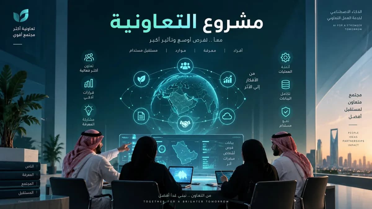 فريق مشروع التعاونية أمام لوحة بيانات ومجسم أرضي رقمي